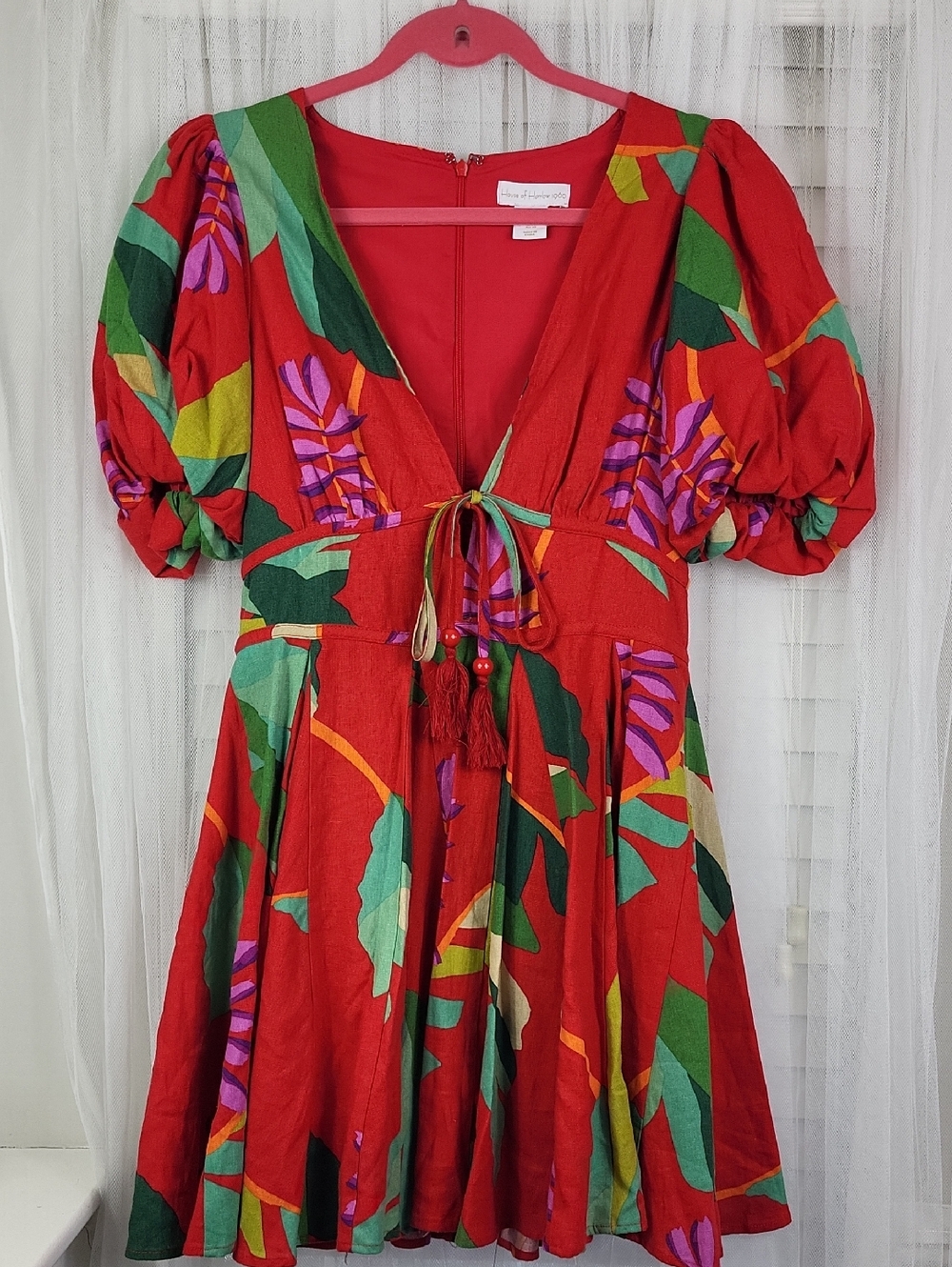 House of Harlow 1960 Red Floral Tie-Front Puff Sleeve Mini Dress. Size 6 - Picture 2 of 10